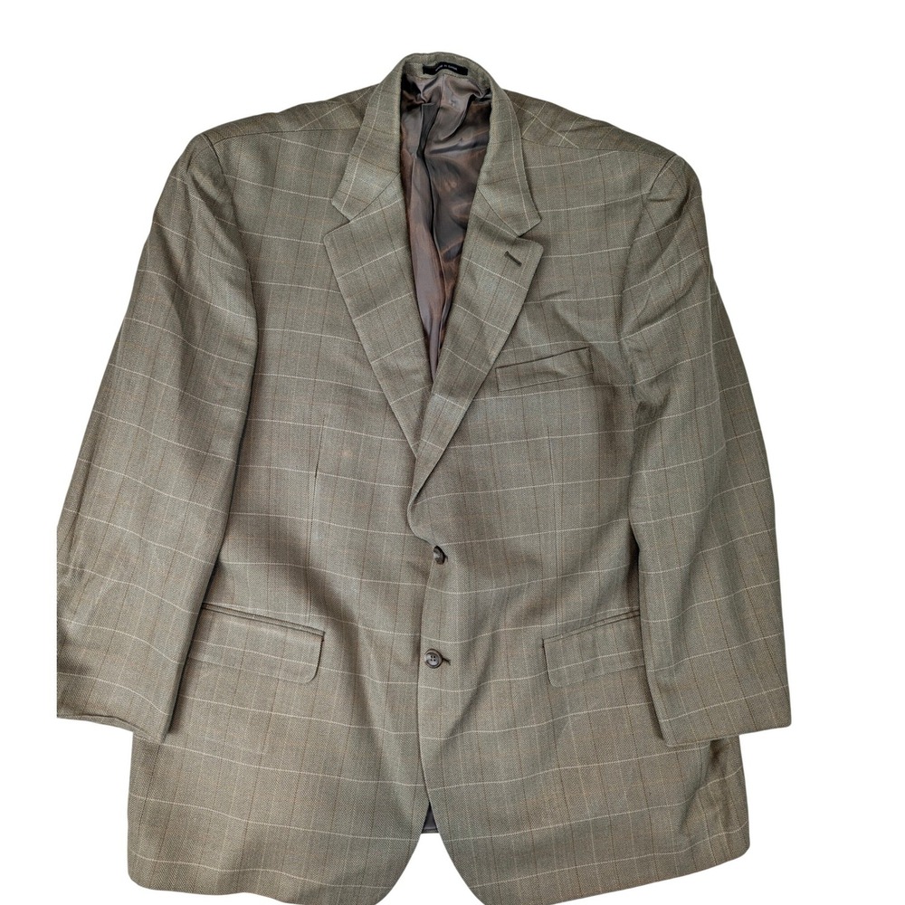 IZOD Tan 38R Plaid Blazer Sport Coat Mens Suit Jacket Window Pane Plaid Linen